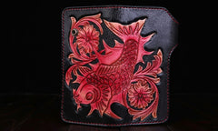 Handmade Mens Cool Tooled Carp Leather Chain Wallet Biker Trucker Wallet with Chain
