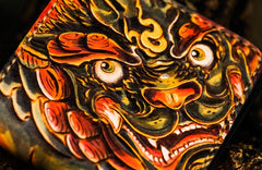 Handmade Leather Chinese Lion Tooled Mens billfold Wallet Cool Leather Wallet Slim Wallet for Men