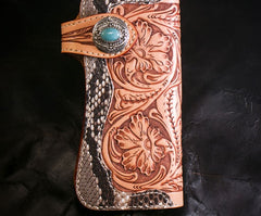 Handmade Mens Cool Tooled Boa Skin Floral Leather Chain Wallet Biker Trucker Wallet with Chain