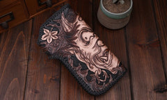 Handmade Leather Mens Cool Black Buddha Chain Wallet Biker Trucker Wallet with Chain