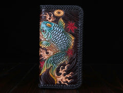 Handmade Leather Mens Clutch Wallet Tooled Cool Carp Wallet Long Zipper Wallets for Men
