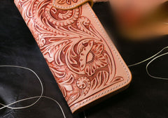Handmade Mens Cool Tooled Floral Leather Chain Wallet Biker Trucker Wallet with Chain - iwalletsmen
