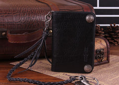 Genuine Leather Mens Cool Biker Chain Wallet Long Leather Wallet Slim Clutch Wristlet Wallet for Men