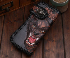 Handmade Leather Wolf Mens Chain Biker Wallet Cool Leather Wallet Long Phone Wallets for Men