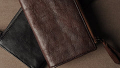Genuine Leather Mens Cool Long Leather Wallet Cards Phone Zipper Clutch Wristlet Wallet for Men