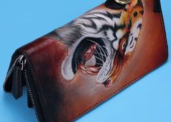 Handmade Leather Tooled Tiger Mens Chain Biker Wallet Cool Leather Wallet Long Clutch Wallets for Men