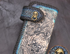 Handmade Leather Skull Punk Mens Chain Biker Wallet Cool Leather Wallet Long Wallets for Men