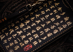 Handmade Leather Mens Chain Chinese Handwriting Biker Wallet Cool Leather Wallet Long Phone Wallets for Men