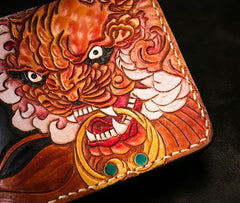 Handmade Leather Chinese Lion Tooled Mens billfold Wallet Cool Leather Wallet Slim Wallet for Men