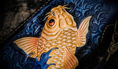 Handmade Leather Men Tooled Carp Cool Leather Wallet Long Phone Wallets for Men