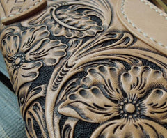 Handmade Leather Biker Wallet Tooled Floral Mens Cool Chain Wallet Trucker Wallet with Chain