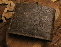 Handmade Leather Floral Mens Cool Slim Leather Wallet Men billfold Wallets Bifold for Men