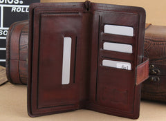 Genuine Leather Mens Cool Biker Chain Wallet Long Leather Wallet Slim Clutch Wristlet Wallet for Men
