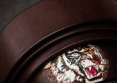 Handmade Genuine Leather Mens Tooled Tiger Belt Custom Cool Leather Men Black Belt for Men
