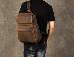 Genuine Leather Mens Cool Backpack Sling Bag Large Brown Travel Bag Hiking Bag for men
