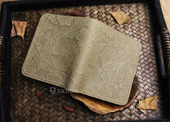 Handmade Leather Floral Mens Cool Slim Leather Wallet Men billfold Wallets Bifold for Men