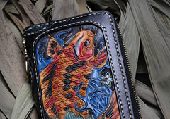 Handmade Leather Carp Mens Chain Biker Wallet Cool Leather Wallet Long Phone Wallets for Men