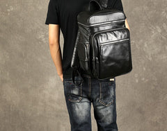 Genuine Leather Mens Cool Backpack Sling Bag Large Black Travel Bag Hiking Bag for men