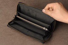 Genuine Leather Mens Cool Long Leather Wallet Cards Phone Zipper Clutch Wristlet Wallet for Men