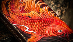 Handmade Leather Tooled Carp Mens Chain Biker Wallet Cool Leather Wallet Long Phone Wallets for Men