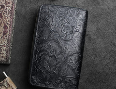 Handmade Leather Floral Tooled Mens Clutch Cool Slim Wallet Zipper Clutch Wristlet Wallet for Men