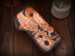 Handmade Mens Cool Tooled Zhong Kui demon Leather Chain Wallet Biker Trucker Wallet with Chain