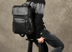 Genuine Leather Mens Cool Backpack Sling Bag Large Black Travel Bag Hiking Bag for men