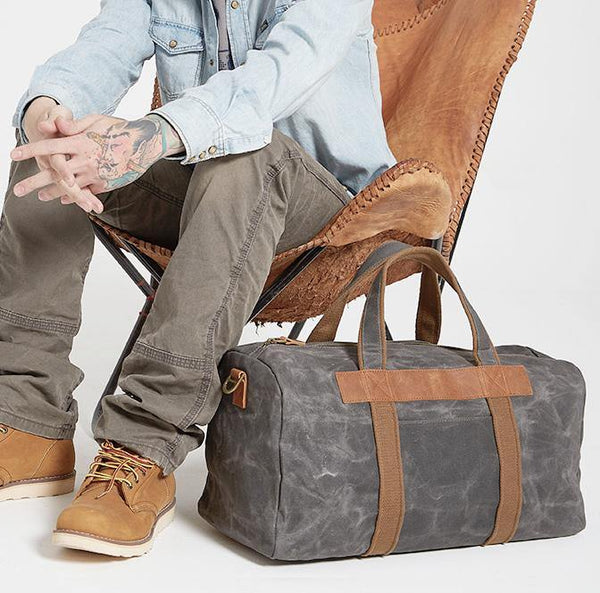 Gray Canvas Mens Travel Bag Weekender Bag Duffle Bag Large Canvas Weekender Bag for Men - iwalletsmen