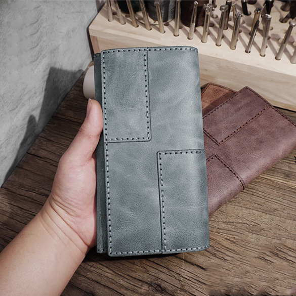 Mens Leather Trifold Long Wallet Lots Cards Handmade Checkbook Long Wallet for Men - iwalletsmen