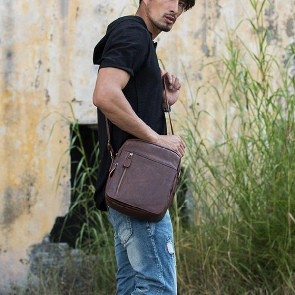 Cool Brown Leather Mens Vertical Side Bag Postman Bag Small Messenger Bags Courier Bag for Men - iwalletsmen