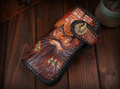 Handmade Mens Cool Tooled Zhong Kui demon Leather Chain Wallet Biker Trucker Wallet with Chain