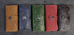 Handmade Leather Floral Mens Cool Travel Long Wallet Card Holder Card Slim Clutch Wallets for Men