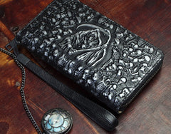 Handmade Leather Mens Tooled Skull Death Cool Zipper Phone Travel Long Wallet Card Holder Card Slim Clutch Wallets for Men