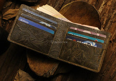 Handmade Leather Floral Mens Cool Slim Leather Wallet Men billfold Wallets Bifold for Men