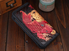Handmade Leather Mens Clutch Wallet Tooled Cool Carp Wallet Long Zipper Wallets for Men