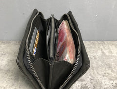 Genuine Leather Mens Cool Long Leather Wallet Zipper Clutch Wristlet Wallet for Men
