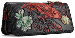 Handmade Leather Tooled Carp Prajna Mens Chain Biker Wallet Cool Leather Wallet Zipper Long Phone Wallets for Men