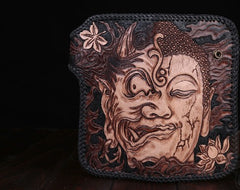 Handmade Leather Mens Cool Black Buddha Chain Wallet Biker Trucker Wallet with Chain