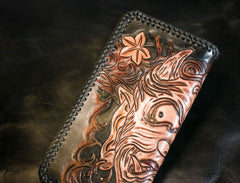 Handmade Leather Mens Clutch Wallet Tooled Cool Buddha Wallet Long Zipper Wallets for Men