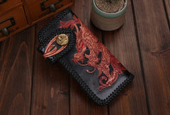 Handmade Mens Cool Tooled Chinese Dragon Leather Chain Wallet Biker Trucker Wallet with Chain