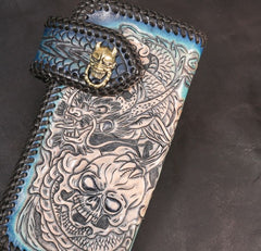 Handmade Leather Skull Punk Mens Chain Biker Wallet Cool Leather Wallet Long Wallets for Men