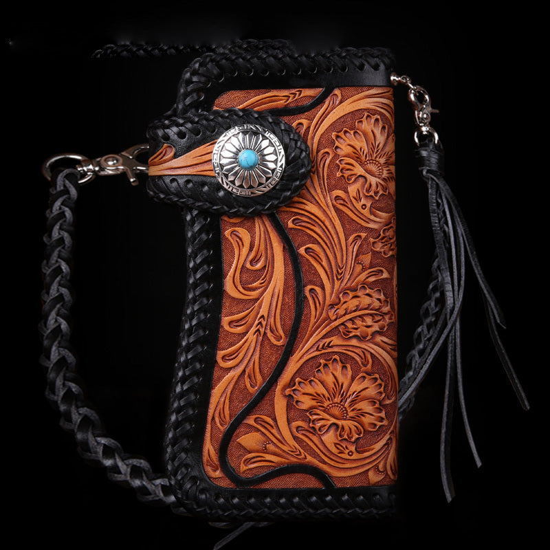 Handmade red brown leather floral eagle carved biker wallet bifold lon
