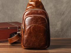 Genuine Leather Mens Cool Chest Bag Sling Bag Crossbody Bag Travel Bag Hiking Bag for men