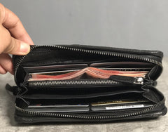 Handmade Genuine Leather Mens Cool Long Leather Wallet Biker Wallet Zipper Clutch Wristlet Wallet for Men