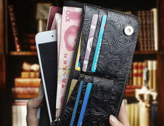 Handmade Leather Floral Mens Cool Travel Long Wallet Card Holder Card Slim Clutch Wallets for Men