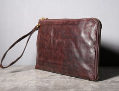 Handmade Genuine Leather Mens Clutch Cool Slim Wallet Zipper Clutch Wristlet Wallet for Men