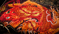 Handmade Leather Tooled Carp Mens Chain Biker Wallet Cool Leather Wallet Long Phone Wallets for Men
