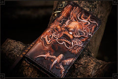 Handmade Leather Tooled Chinese Dragon Mens Chain Biker Wallet Cool Leather Wallet Long Phone Wallets for Men