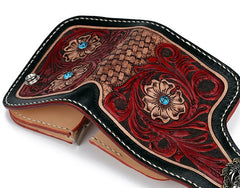 Handmade Leather Small Tooled Floral Mens billfold Wallet Cool Chain Wallet Biker Wallet for Men