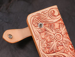 Handmade Mens Cool Tooled Floral Leather Chain Wallet Biker Trucker Wallet with Chain - iwalletsmen